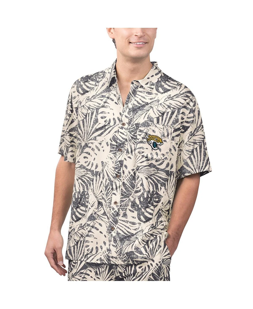 Men's Margaritaville Tan Jacksonville Jaguars Sand Washed Monstera Print Party Button-Up Shirt