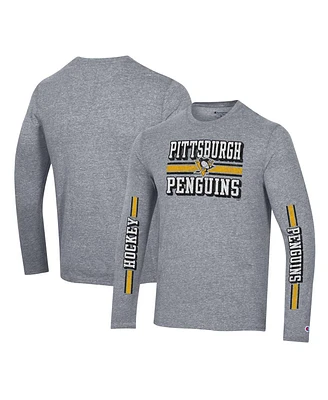 Men's Champion Heather Gray Distressed Pittsburgh Penguins Tri-Blend Dual-Stripe Long Sleeve T-shirt