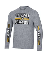 Men's Champion Heather Gray Distressed Pittsburgh Penguins Tri-Blend Dual-Stripe Long Sleeve T-shirt