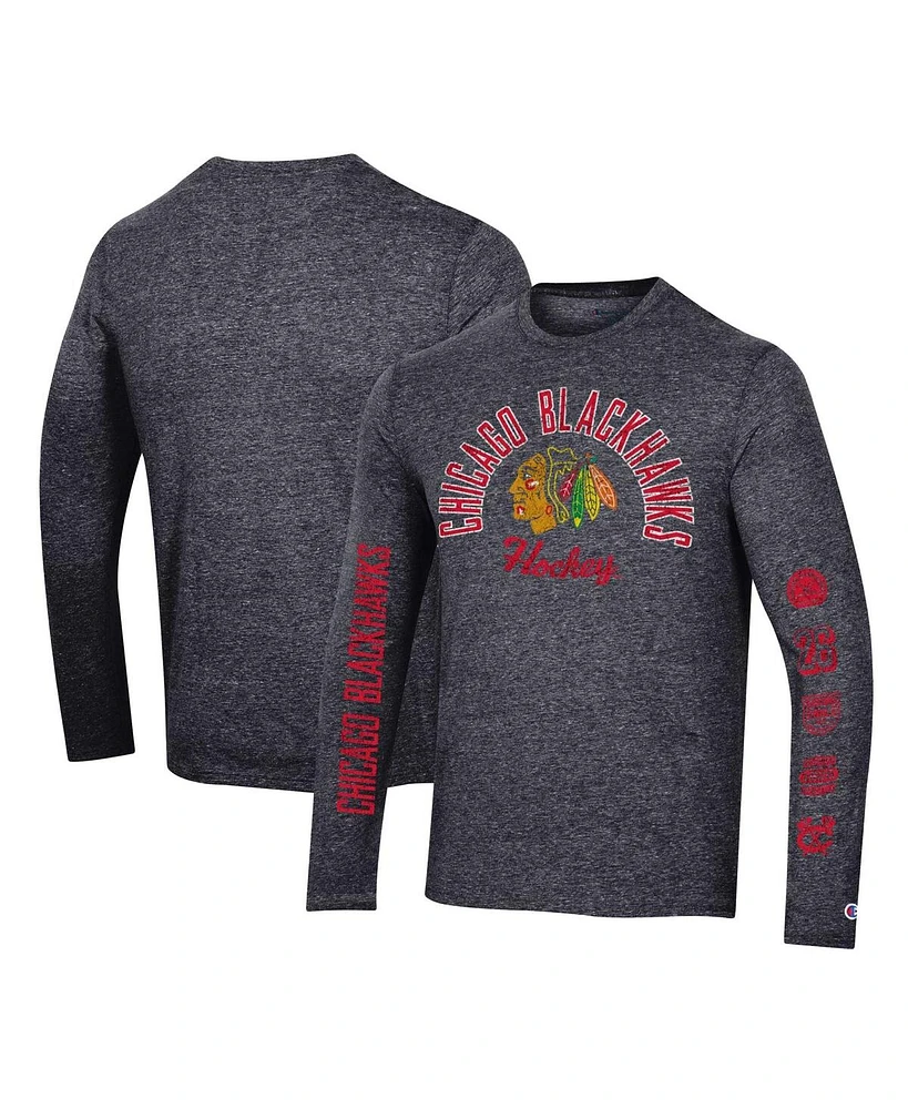 Men's Champion Heather Black Distressed Chicago Blackhawks Multi-Logo Tri-Blend Long Sleeve T-shirt