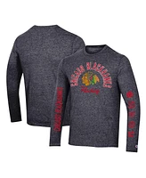 Men's Champion Heather Black Distressed Chicago Blackhawks Multi-Logo Tri-Blend Long Sleeve T-shirt