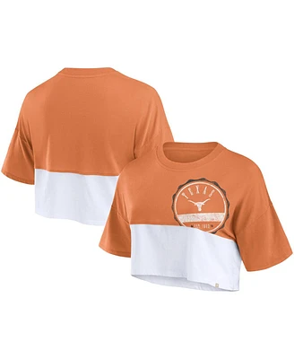 Women's Fanatics Texas Orange, White Distressed Longhorns Oversized Badge Colorblock Cropped T-shirt