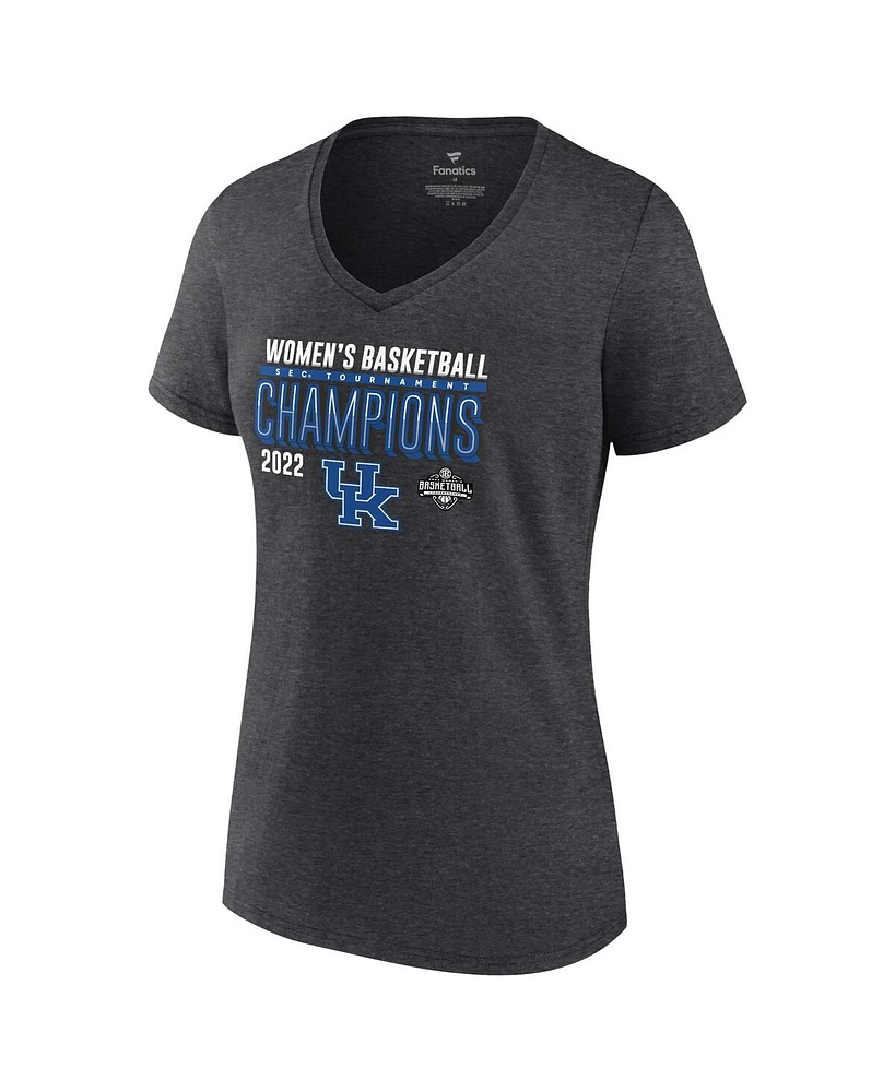 Women's Fanatics Heathered Charcoal Kentucky Wildcats 2022 Sec Basketball Conference Tournament Champions Locker Room V-Neck T-shirt