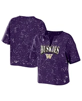 Women's Wear by Erin Andrews Purple Washington Huskies Bleach Wash Splatter Cropped Notch Neck T-shirt