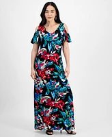 Connected Petite Floral Cold-Shoulder Maxi Dress