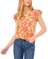 CeCe Women's Floral Print Double Ruffled Sleeve Crewneck Knit Top