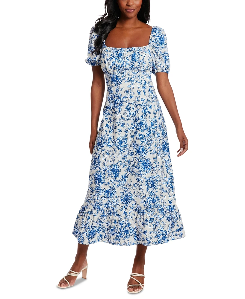 London Times Women's Puff-Sleeve Ruched Smocked-Back Empire Midi Dress