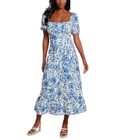 London Times Women's Puff-Sleeve Ruched Smocked-Back Empire Midi Dress