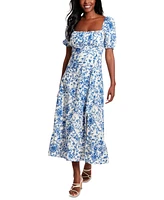 London Times Women's Puff-Sleeve Ruched Smocked-Back Empire Midi Dress