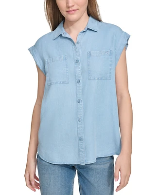 Calvin Klein Jeans Petite Button-Front Cap-Sleeve Shirt