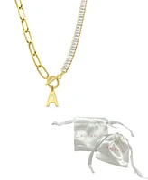 Adornia 14K Gold-Plated Half Crystal and Paperclip Initial Toggle Necklace