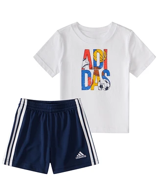 adidas Baby Boys Graphic Cotton T-shirt and 3-Stripe Shorts, 2 Piece Set