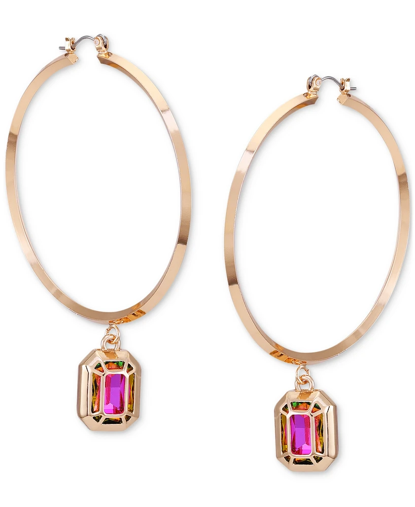 Guess Gold-Tone Rainbow Stone Drop Large Hoop Earrings, 2.06"