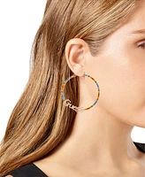 Guess Gold-Tone Rainbow Stone Logo Large Hoop Earrings, 2.25"