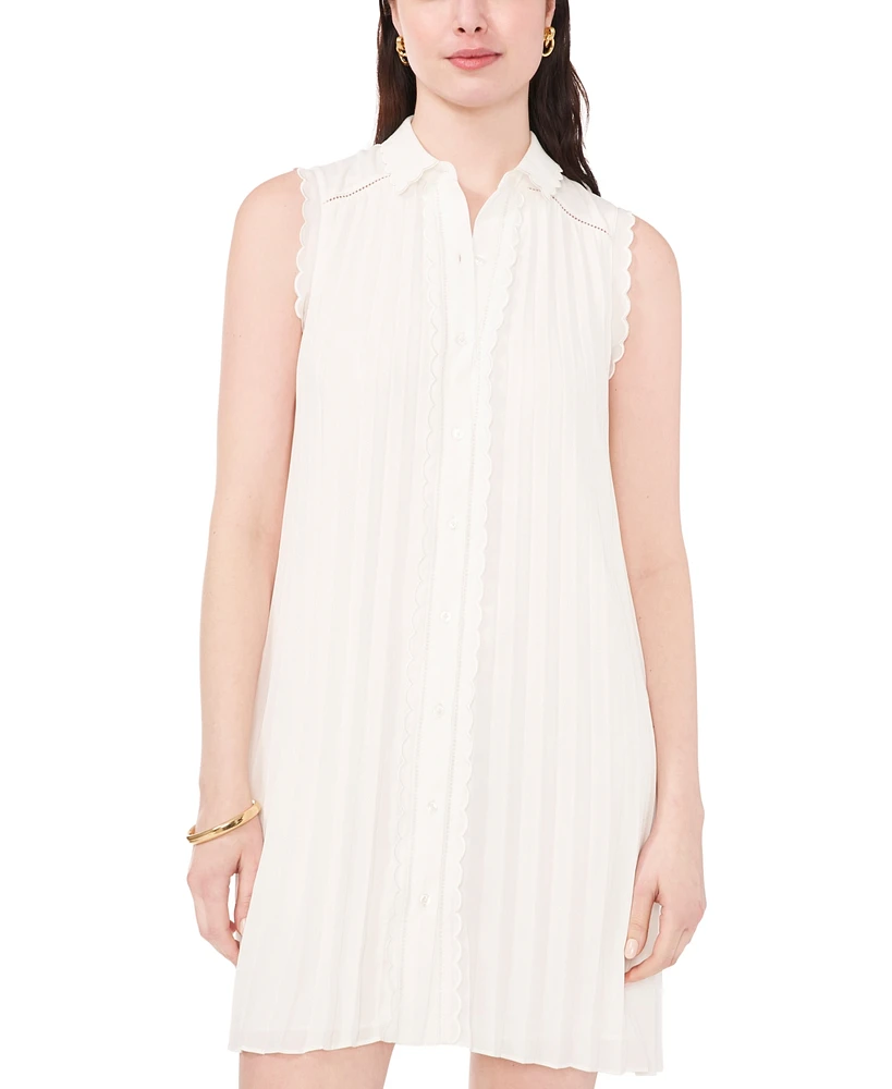 CeCe Women's Pleated Scallop-Trim Button-Up Dress