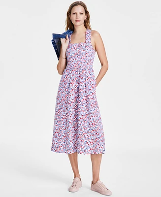 Tommy Hilfiger Women's Smocked Floral-Print Cotton Midi Dress