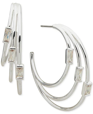 Anne Klein Silver-Tone Medium Baguette Cubic Zirconia Triple-Row C-Hoop Earrings, 1.47"