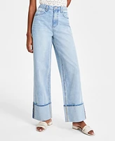 Tinseltown Juniors' Cotton High-Rise Wide-Leg Cuffed Jeans