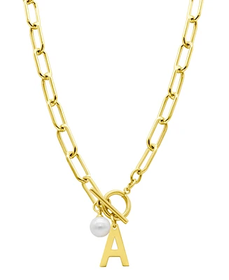 Adornia Tarnish Resistant 14K Gold-Plated Freshwater Pearl Initial Toggle Necklace - White