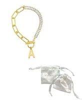 Adornia 14K Gold-Plated Half Crystal and Paperclip Initial Toggle Bracelet - Gold