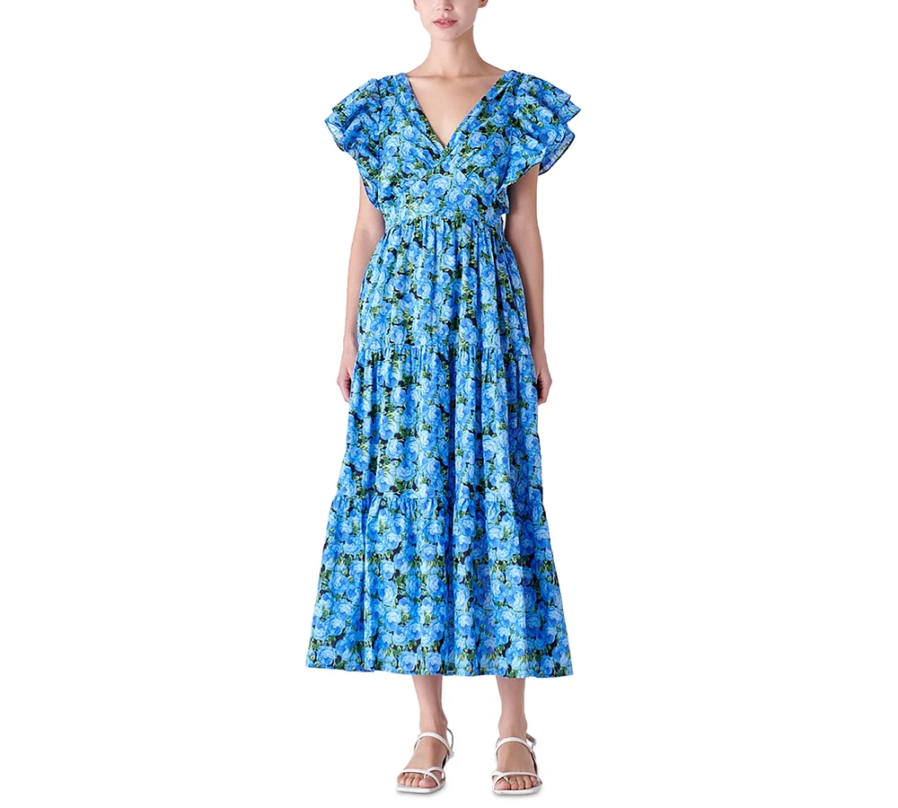 English Factory Women's Floral-Print Tiered Flutter-Sleeve Dress