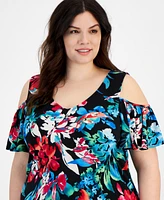 Connected Plus Size Floral-Print Cold-Shoulder Maxi Dress