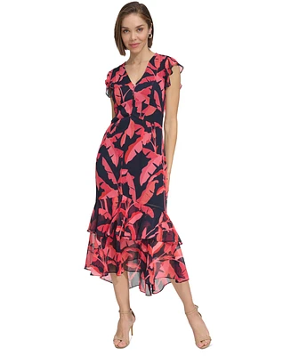 Tommy Hilfiger Women's Printed Flutter-Sleeve Ruffled High-Low Midi Dress