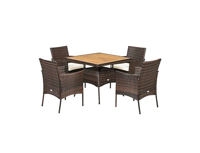 Slickblue 5 Pieces Patio Rattan Dining Furniture Set with Arm Chair and Wooden Table Top