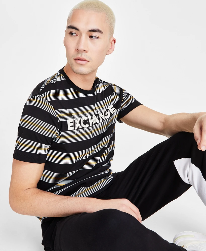 A|X Armani Exchange Men's Short Sleeve Crewneck Striped Logo Graphic T-Shirt