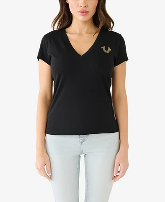 True Religion Women's Shorts Sleeve Ombre Crystal Horseshoe V-neck T-shirt