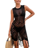 Cupshe Women's Black Crochet Fringe Hem Cover-Up Dress