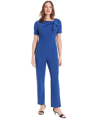 London Times Petite Short-Sleeve Bow-Neck Jumpsuit