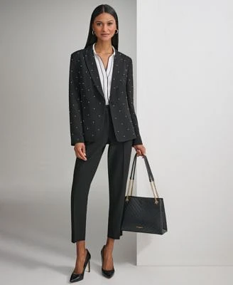 Karl Lagerfeld Womens Bead Embellished Single Button Blazer Contrast Trim Scalloped Cuff Blouse Slim Leg Ankle Pants