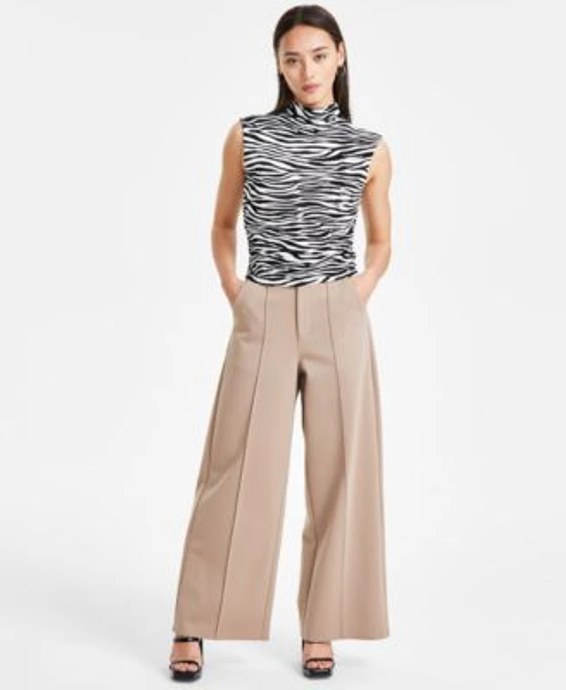 Bar Iii Petite Animal Print Side Ruched Mock Neck Top Wide Leg Ponte Pants Created For Macys