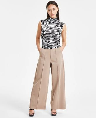 Bar Iii Petite Animal Print Side Ruched Mock Neck Top Wide Leg Ponte Pants Created For Macys