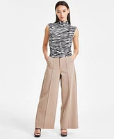 Bar Iii Petite Animal Print Side Ruched Mock Neck Top Wide Leg Ponte Pants Created For Macys