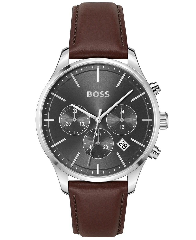 Hugo Boss Men's Chronograph Avery Brown Leather Strap Watch 42mm