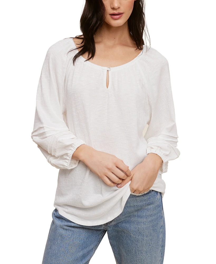 John Paul Richard Slub Gauze Knit Top with Pleating Detail on 3/4 Sleeve