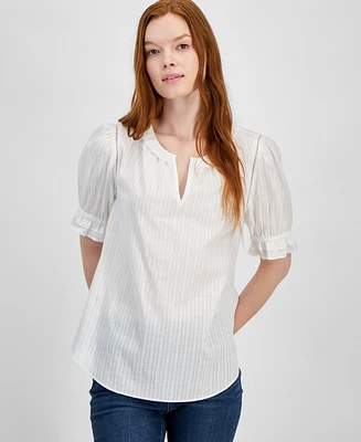 Tommy Hilfiger Women's Cotton Tonal-Stripe Puff-Sleeve Blouse