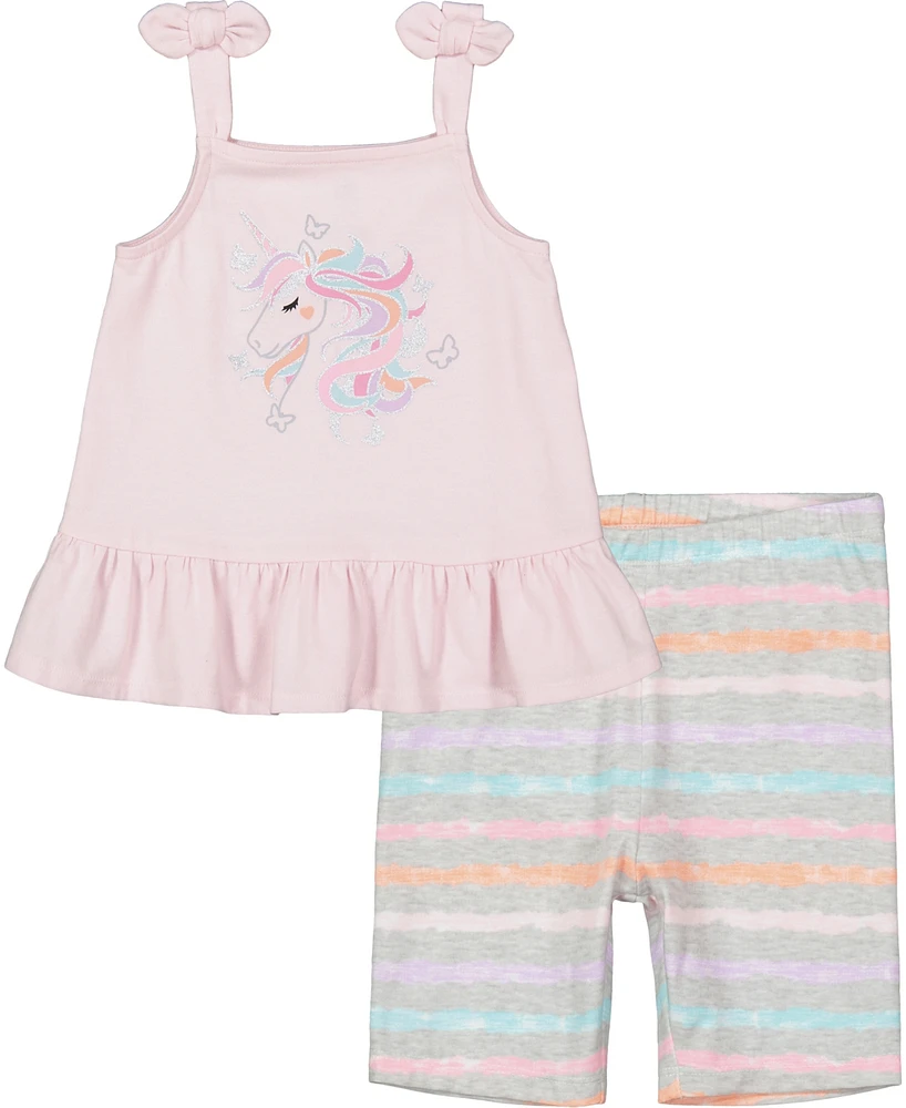 Kids Headquarters Toddler Girls Unicorn Tank Top and Crayon-Stripe Bike Shorts Set