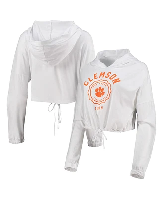Women's White Clemson Tigers Poppy Cinched Cropped Hoodie Long Sleeve T-shirt
