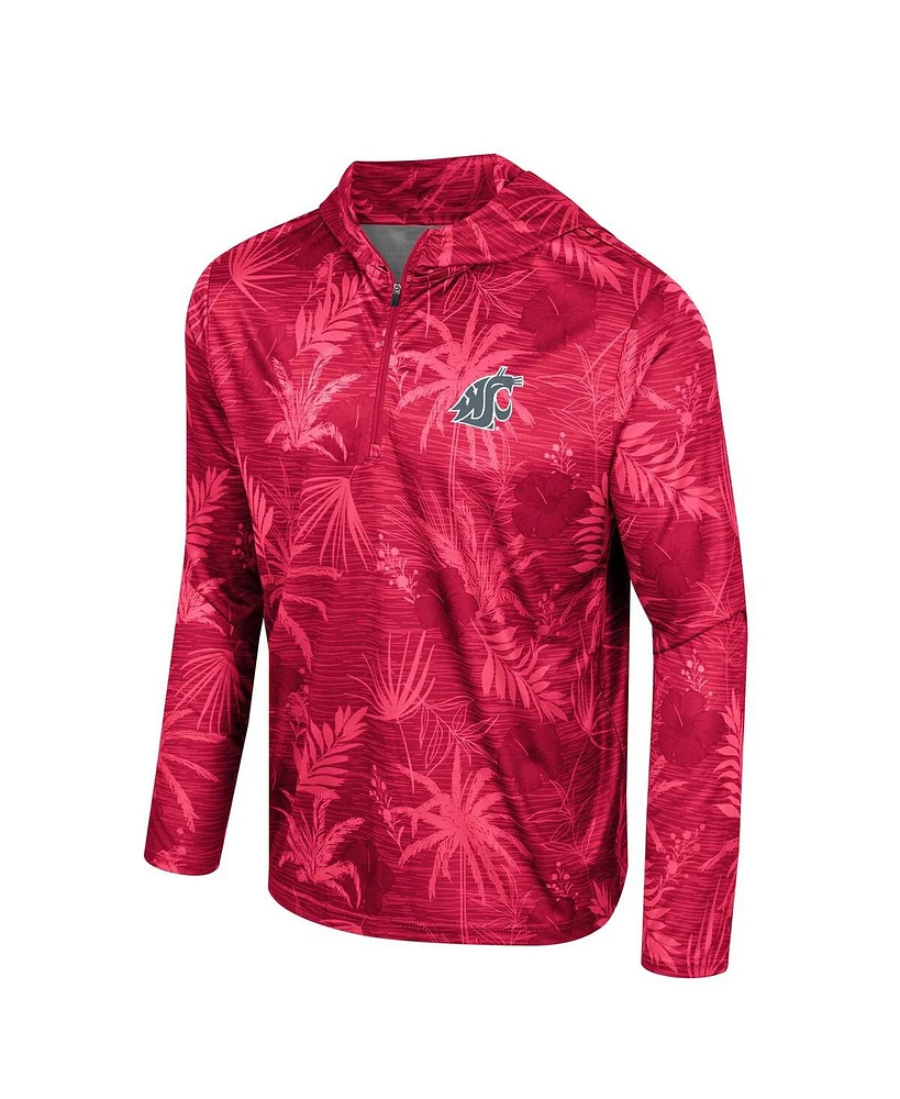 Men's Colosseum Crimson Washington State Cougars Palms Printed Lightweight Quarter-Zip Hooded Top