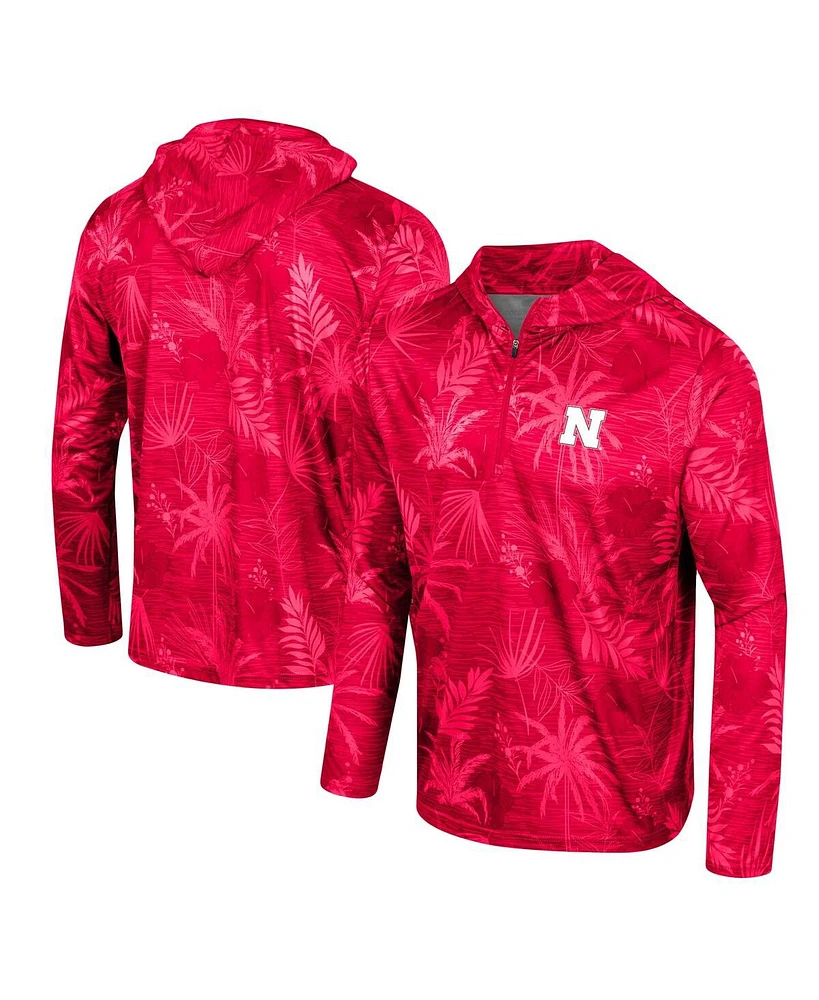 Men's Colosseum Scarlet Nebraska Huskers Palms Printed Lightweight Quarter-Zip Hooded Top