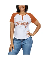 Women's Wear by Erin Andrews White Distressed Texas Longhorns Baseball Logo Raglan Henley T-shirt