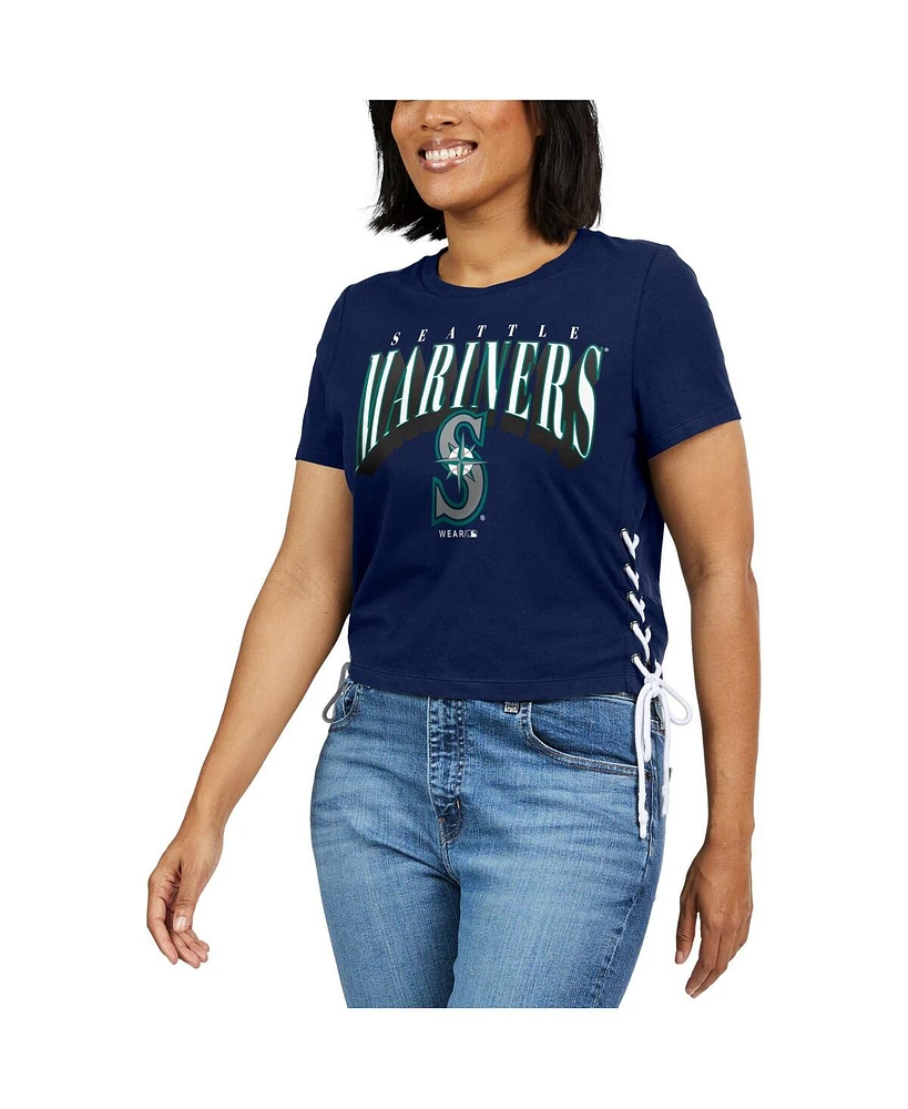 Women's Wear by Erin Andrews Navy Seattle Mariners Side Lace-Up Cropped T-shirt