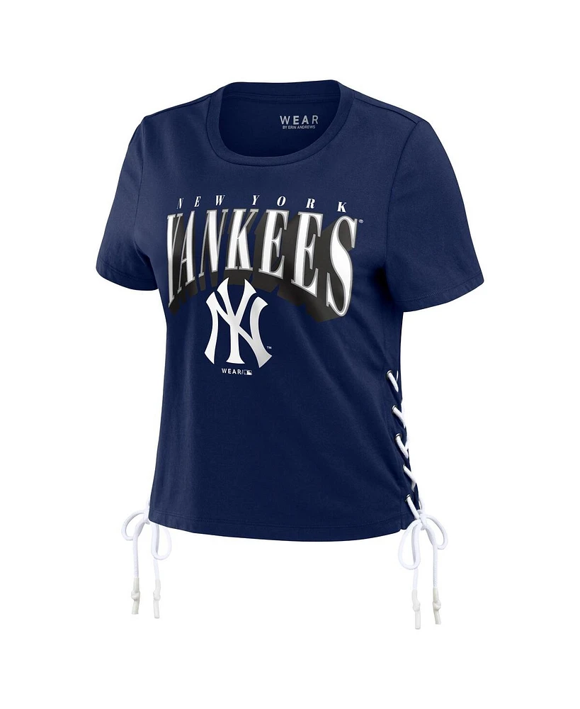 Women's Wear by Erin Andrews Navy New York Yankees Side Lace-Up Cropped T-shirt