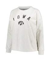 Women's Profile Oatmeal Iowa Hawkeyes Plus Distressed Arch Over Logo Neutral Boxy Pullover Sweatshirt