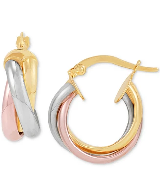 Italian Gold Polished Tube Crossover Small Hoop Earrings in 14k Tricolor Gold, 3/4" - Tri