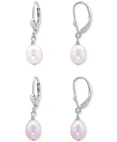 2-Pc. Set White & Dyed Pink Cultured Freshwater Oval Pearl (10 x 8mm) Leverback Drop Earrings