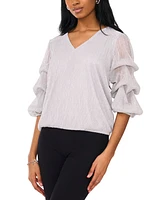 Msk Women's Metallic Mesh Lantern-Sleeve V-Neck Top